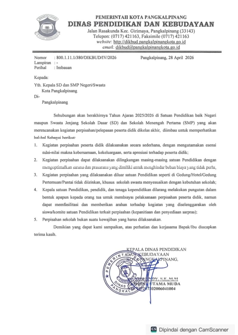 Caption: Surat Edaran Dinas Pendidikan Kota Pangkalpinang yang melarang pihak sekolah melakukan pungutan biaya Perpisahan
